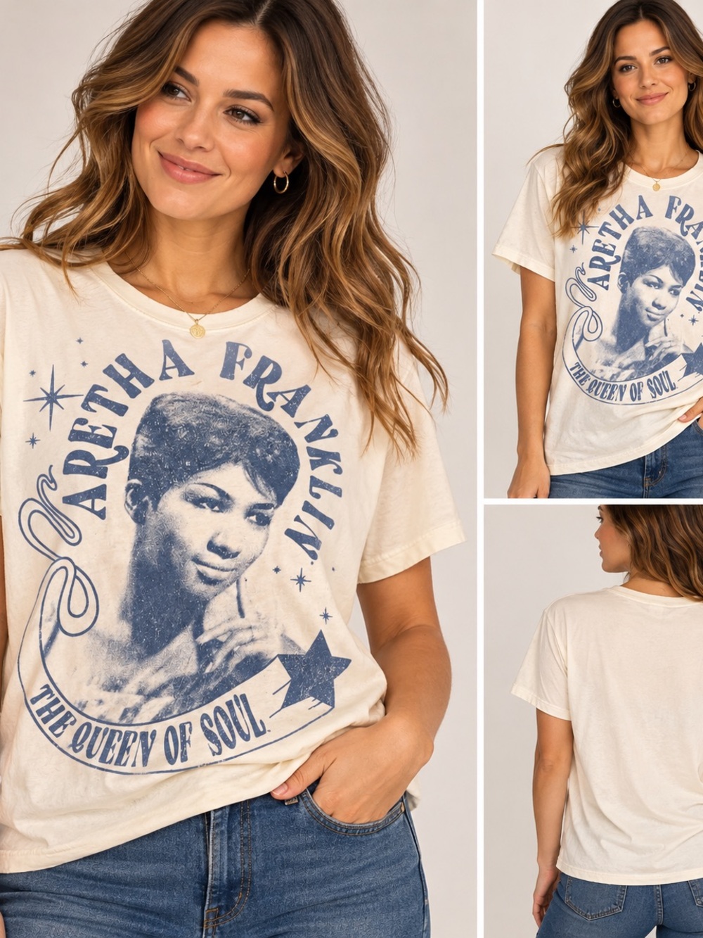 Old Navy Aretha Franklin Queen of Soul Graphic Tee Cream Blue